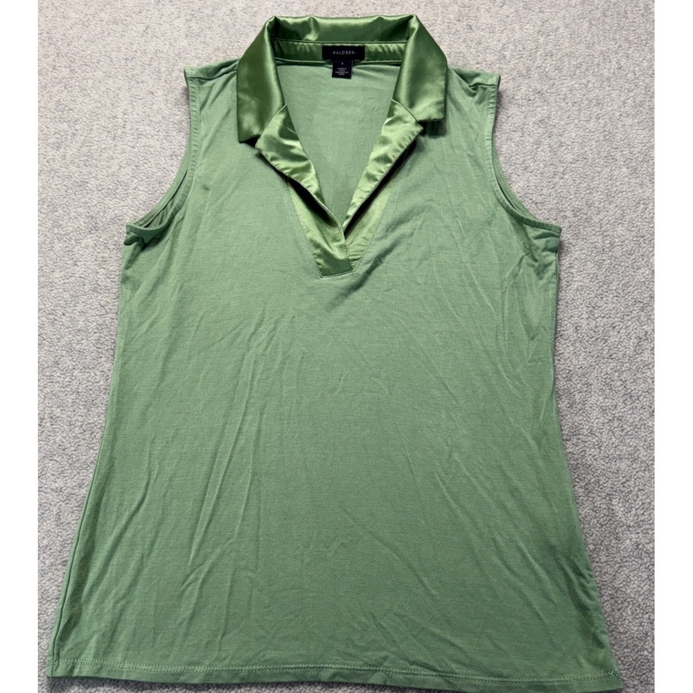 Halogen Womens Sleeveless Polo Top Sage Green Stretch Notch Satin Collar S